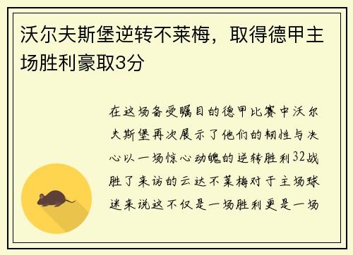 沃尔夫斯堡逆转不莱梅，取得德甲主场胜利豪取3分
