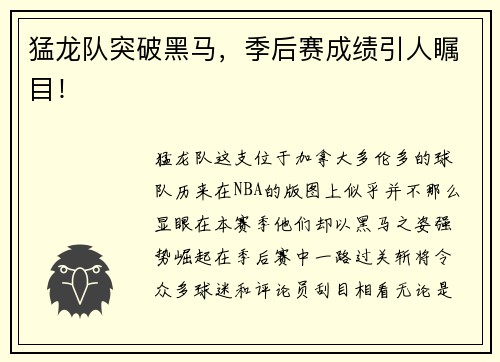 猛龙队突破黑马，季后赛成绩引人瞩目！